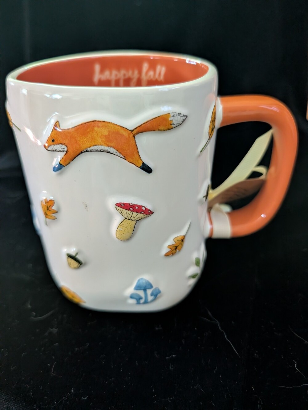 Rae Dunn Fox & Mushroom Ceramic Mug - Orange Interior and Handle